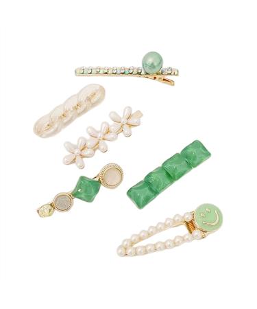 Rugelyss 6 Pcs Green Pearls and Smiley Rhinestone Hair Clips  Handmade Hair Barrettes  Alligator bobby pins  Glitter Crystal Hairpin  Elegant Gold Hair Accessories  Gifts for Women Girls