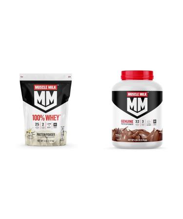 Muscle Milk 100% Whey Protein Powder Vanilla 5 Pound 68 Servings 25g Protein 2g Sugar & Genuine Protein Powder Chocolate 4.94 Pound 32 Servings 32g Protein 2g Sugar