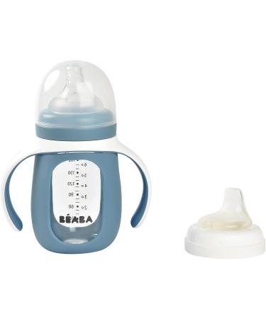 BEABA 2-in-1 Glass Baby Bottle & Training Sippy Cup 7oz - Soft Silicone Nipple, Sippy Spout - Rain | Baby Toddler Learning Cup - Buy Online on GoSupps.com