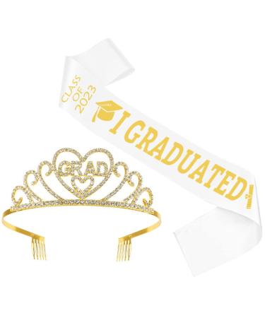 Didiseaon 2023 Graduation Satin Sash Crown Tiara Kit Glitter Rhinestone Tiara 2023 Graduated Party Decorations White