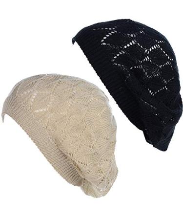 BYOS Chic Parisian Style Soft Lightweight Crochet Cutout Knit Beret Beanie Hat 2-pack Leafy Beige & Black