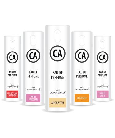 CA Perfume 2020 Most Attractive Women Set Impression of (Love in White + Bombself + Chancellor Tendre + Adore You+ Mon Parisian) Fragrance Sample Travel Size Parfum Sprayer (0.3 Fl Oz/10 ml) x5