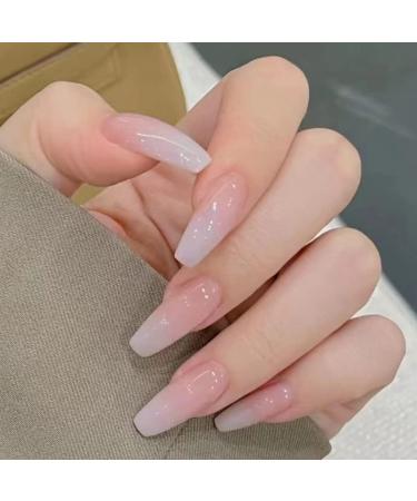 Eliongpu 24Pcs Coffin Press on Nails Long False Nails French Full Cover Stick on Nail Artificial Glossy Acrylic Fake Nails DIY Manicure with Adhesive Tabs for Nail Art Pink dusk