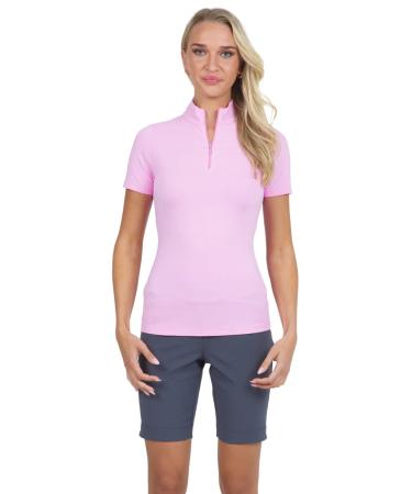 IBKUL Athleisure Wear Sun Protective UPF 50+ Icefil Cooling Tech Short Sleeve Mock Neck Top - 87000 X-Large Color: Candy Pink - Print: Solid
