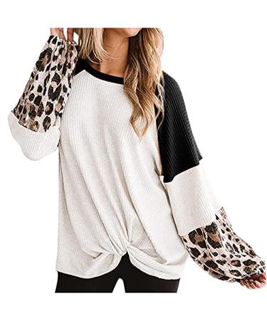 Women's Waffle Knit Tunic Tops Leopard Print Patchwork Long Sleeve Shirts Casual Loose Pullover Thermal Crew Blouses Black XX-Large