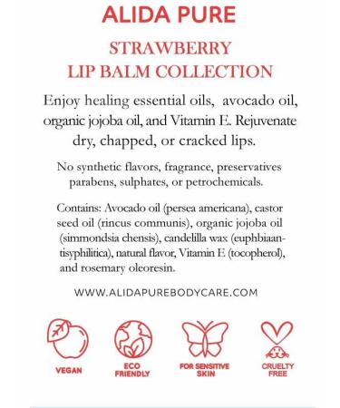 ALIDA PURE Strawberry Lip Balm Collection Vegan Lip Balm Beeswax Free with Avocado Oil Organic Jojoba Oil and Vitamin E Natural Moisturizer for Dry Chapped Lips 3 Tube Set - Buy Online on GoSupps.com