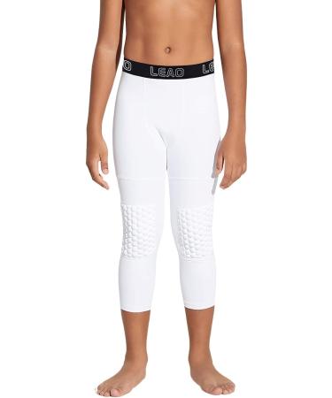 LEAO Youth Boys 3/4 Compression Pants with Knee Pads Cool Dry Basketball Tights Sports Capri Leggings White Small - Buy Online on GoSupps.com