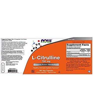 NOW Foods L-Citrulline 750mg 180 Capsules (2 Pack) - 360 Total Count - Buy Online on GoSupps.com