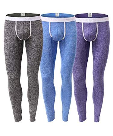 KAMUON Mens Low Rise Pouch Underwear Pants Long Johns Thermal Bottoms Leggings Large 3 Pack-black/Blue/Purple #2 #2