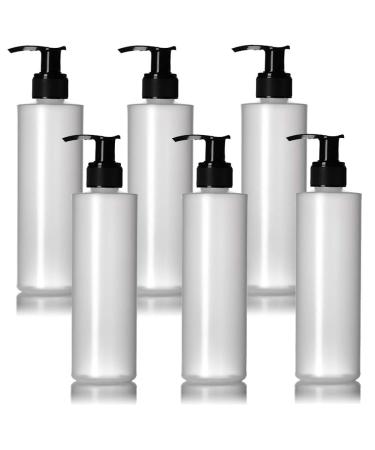 6 Pack 8 Oz Plastic Pump Dispenser Bottles for Lotion, Massage Oil, Shampoo and More! - Refillable, BPA Free Clear / Frosted Empty 8oz Containers - Fit Into Holsters, Bulk