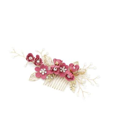 Minkissy Flower Hair Accessories Wedding Hair Comb Pearl Crystal Decor Clip Pin Rhinestone Flower Wedding Hair Accessories for Bride Bridesmaid (Rosy) Bridal Hair Clip