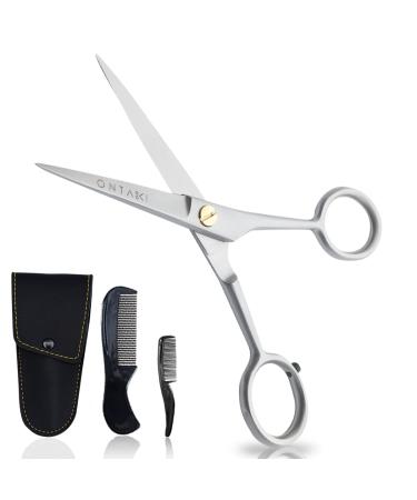 ONTAKI 5" Professional German Steel Beard & Mustache Barber Scissors - 2 Comb & Carrying Pouch - Hand Forged With Bevel Edge For men - Mens Facial Hair Grooming Kit Body or Facial Hair (Silver)