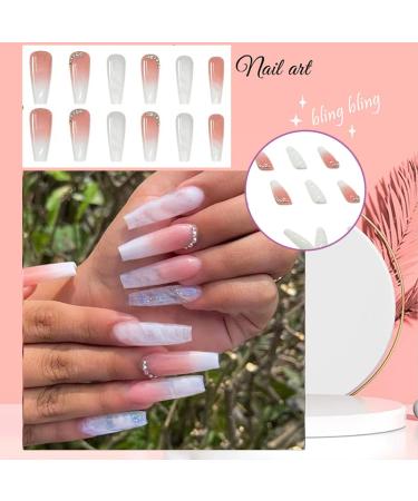 YOSOMK Pink Coffin Fake Nails with Gems - Glossy False Nails for Women - Stick on Nails with Glue - Long Press on Acrylic Nail Tips - Buy Online on GoSupps.com