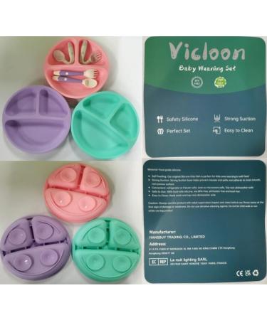 Vicloon Baby Suction Plate Set | Non Slip Silicone Weaning Plates for Toddlers | Self Feeding Divided Dishes | Fits Most Highchairs Trays | 3Pcs (Pink/Purple/Green) - Buy Online on GoSupps.com