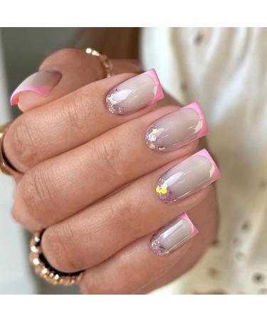 Mrcuvaryas 24 pieces press on nails Kurz Square nude pink white French pink glitter fake nails artificial nails with nail glue sparkly cherry pink artificial ballerina acrylic fingernail fingernails for women pink edged French