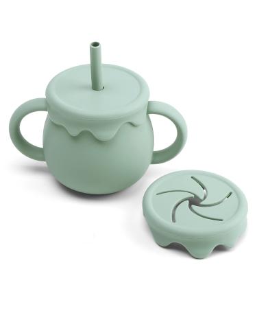 Ginbear 2-in-1 Silicone Baby Cups with Straw & Snack Cup Lid  8.5 OZ Spill Proof Sippy Cups  Toddler Training Cup for ages 12 M+ (Hazy Green)