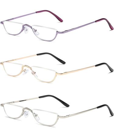 Hubeye 3 Pairs Half Moon Reading Glasses - Slim Metal Frame - 2.0 Dioptres - Purple/Gold/Silver - Buy Online on GoSupps.com