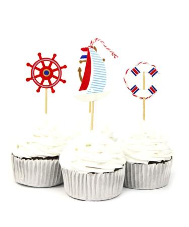 Mikinona 24pcs Nautical Cupcake Toppers Nautical Cake Topper Nautical Cupcake Picks Nautical Theme Party Picks Birthday Nautical Topper With Line Ocean