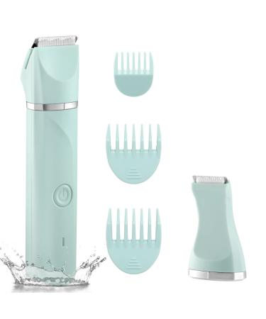 Waterproof Bikini Trimmer Women Electric Razor for Bikini Legs Pubic Hair Rechargeable Electric Shaver for Women Hair Removal with Snap-in Ceramic Blades IP7X Washable HeadWet and Dry UseGreen