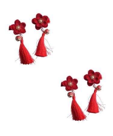 MAGICLULU 2 Pairs Hair Clip for Chinese Clothes Hair Clips Long Tassel Barrette Little Flower Barrettes Chinese Flower Hair Clips Asian Hair Chinese Style Child Red Side Clip