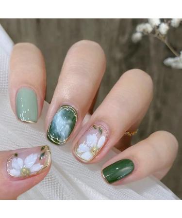 QINGGE Green Press on Nails Short Square Glossy Fake Nails Camellia Flowers Stick on Nails with Gold Line Glue on Nails White Swirl Acrylic Nails Summer Exquisite Static False Nails for Women 24Pcs 10-Green Flower