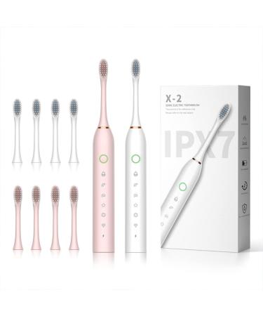 SUNPRO 2 Pack Sonic Electric Toothbrush 8 Brush Heads 2 Minute Built-in Timer 6 Modes with 42000vpm (Pink+White)
