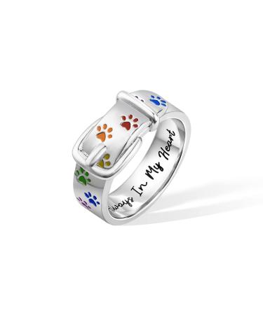Custom Dog Puppy Cat Paw Print Collar Rememberance Name Ring for Pet Lovers 925 Sterling Silver Ring with Personalised Name Engraving Gift for Women Girls Style 2