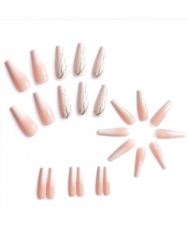 Bufenia Long Ballerina Artificial Fingernails - French Color Gradient Marble Design Shiny Orange Coffin Press-On Nails for Women & Girls 24 Pieces - Buy Online on GoSupps.com