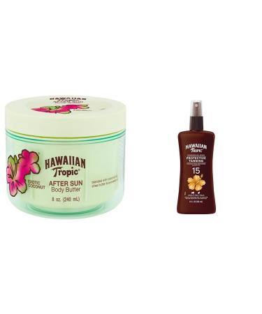 Hawaiian Tropic After Sun Body Butter with Coconut Oil 8oz & Protective Tanning Oil Spray Sunscreen SPF 15 8oz
