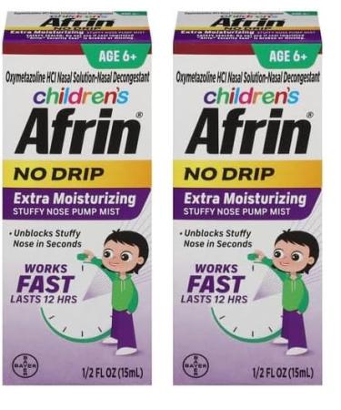Afrin Childrens, Extra Moisturizing Stuffy Kids Nasal Spray Pump Mist, Up to 12 Hour Nasal Congestion Relief for Cold or Allergy Symptoms, for Children Ages 6 & Up, 15 mL (Pack of 2) Purple 0.5 Fl Oz (Pack of 2)