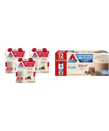 Atkins Vanilla Cream Meal Size Protein Shake 23g Protein Low Glycemic & Milk Chocolate Delight Protein Shake 15g Protein Low Glycemic 2g Net Carb 1g Sugar Keto Friendly 12 Count