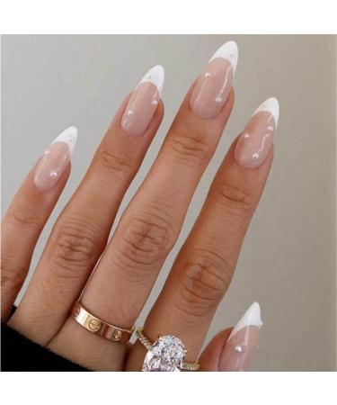 Foccna French Press on Nails Medium, Pearl White Fake Nails Almond Acrylic False Nails, Artificial Glue on Nails for Women and Girls 24 pcs Pearl Almond French Design