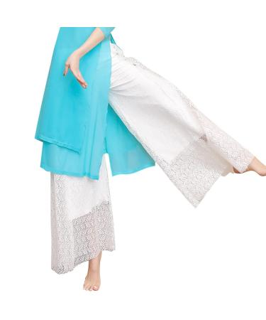 Women's Classical Dance Costume Sheer Flowy Hanfu Top Side Split Wide Leg Pants Chinese Folk Dance Wear 507# White Pants Medium
