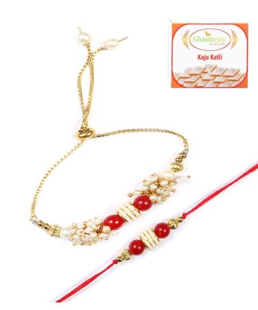 Ghasitaram Gifts Rakhis Online - Rakhi for Brother-RT-Red Pearl Bhaiya Bhabhi Rakhi with 400 GMS of Kaju katli Rakhi Set with 400 gms of Kaju katli