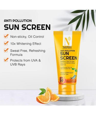 Nutriglow Advanced Organics Advanced Organics Anti Pollution Sunscreen with Alovera Coco Butter White Water Lily Raspberry Seed Oil/All Skin Types/Uva & Uvb Protection 100 Ml - Buy Online on GoSupps.com