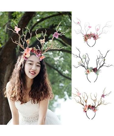 Deer Antler Flower Crown Headband - Halloween & Christmas Props - Light Brown - Buy Online on GoSupps.com