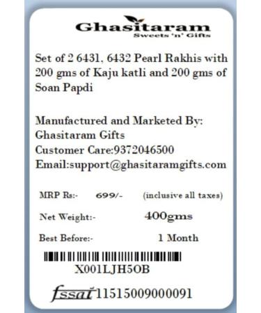 Ghasitaram Gifts Rakhi for Brother Rakhis Online - Set of 2 6431 6432 Pearl Rakhis with 200 GMS of Kaju katli and 200 GMS of Soan Papdi - Buy Online on GoSupps.com