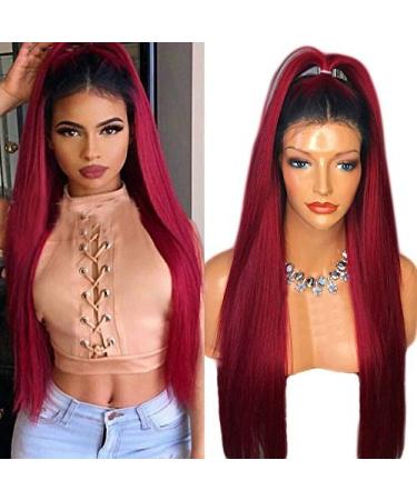 Topwigy 24 Ombre Red Long Straight Synthetic Hair Wig | Heat-Resistant Lace Front Wig for Black Women with Black Roots - Buy Online on GoSupps.com