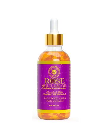 Rose Multi-Use Oil- Organic Oil For Face Body Hair & Nail Cuticles Rose Petals Rose & Geranium Enriched with Vitamin E and Almond Oil 4 oz.