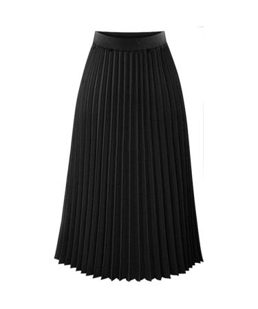 Sanahy Womens Pleated Midi Skirt High Waist Swing Boho Pleated Skirt Solid Stylish Casual Chiffon Elastic A-line Long Skirts M Black