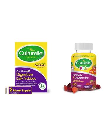 Culturelle Pro Strength Daily Probiotic Digestive Health Capsules 60 Count Kids Daily Probiotic + Veggie Fiber Gummies 60 Count