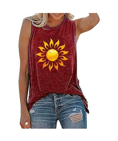 TIMIFIS Womens Tank Tops Round Neck Sleeveless Shirts Summer Sunflower Graphics Workout Tshirt Casual Loose Yoga Tunic XX-Large Red