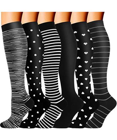 Double Couple 6 Pairs Compression Socks Women Men 20-30 mmHg Knee High Compression Stockings for Athletic Flight Multicolored 01 Large-X-Large