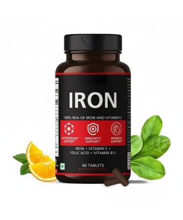Iron Supplement for Women & Men with Vitamin C Folic Acid & Vitamin B12 - Iron Tablets Help Support Energy - 60 Veg Tablets
