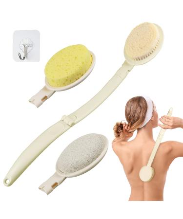 3 in 1 Bath Body Brush Set,Foldable Shower Brush with Extra Long Handle, Heads Pumice Stone,Loofah Sponge and Back Body Scrubber Bristles for Exfoliating or Dry Skin Brushing (White)