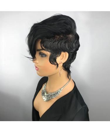Bob Wig Human Hair Short Pixie Cut for Black Women | Glueless with Bangs | Layered None Lace Front | Full Machine Made | 1B Color - Buy Online on GoSupps.com