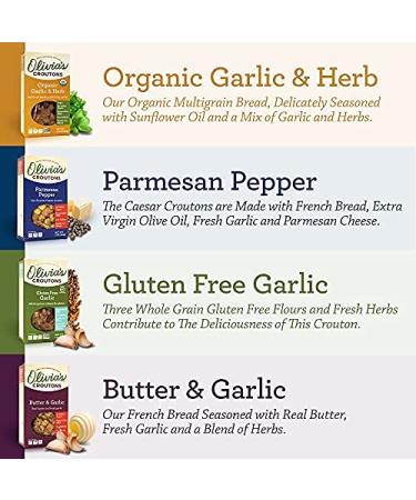 Olivia's Croutons Variety Pack - Butter & Garlic, Parmesan Pepper, Organic Garlic Herb - 4.5 oz (Pack of 4) - Buy Online on GoSupps.com