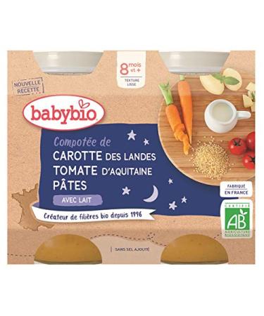 Babybio Petit Pot Good Night Carrot Compote from the Landes region with Tomato/Pasta and Organic Milk 8+ Months 2 * 200g - Pack of 3