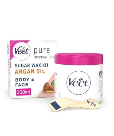 Veet Pure Hot Wax Argan Oil Body and Face 250ml each 1 Spatula 12 Reusable Fabric Strips Sugar Wax Kit Natural Ingredients Long Lasting Results Hair Removal (Packaging may vary)