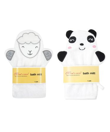 2Pcs White Baby Wash Mitt - Cute Animal Designs Kids Washcloths Glove Child Bath Mitt for Cleanse The Skin(Panda Sheep)